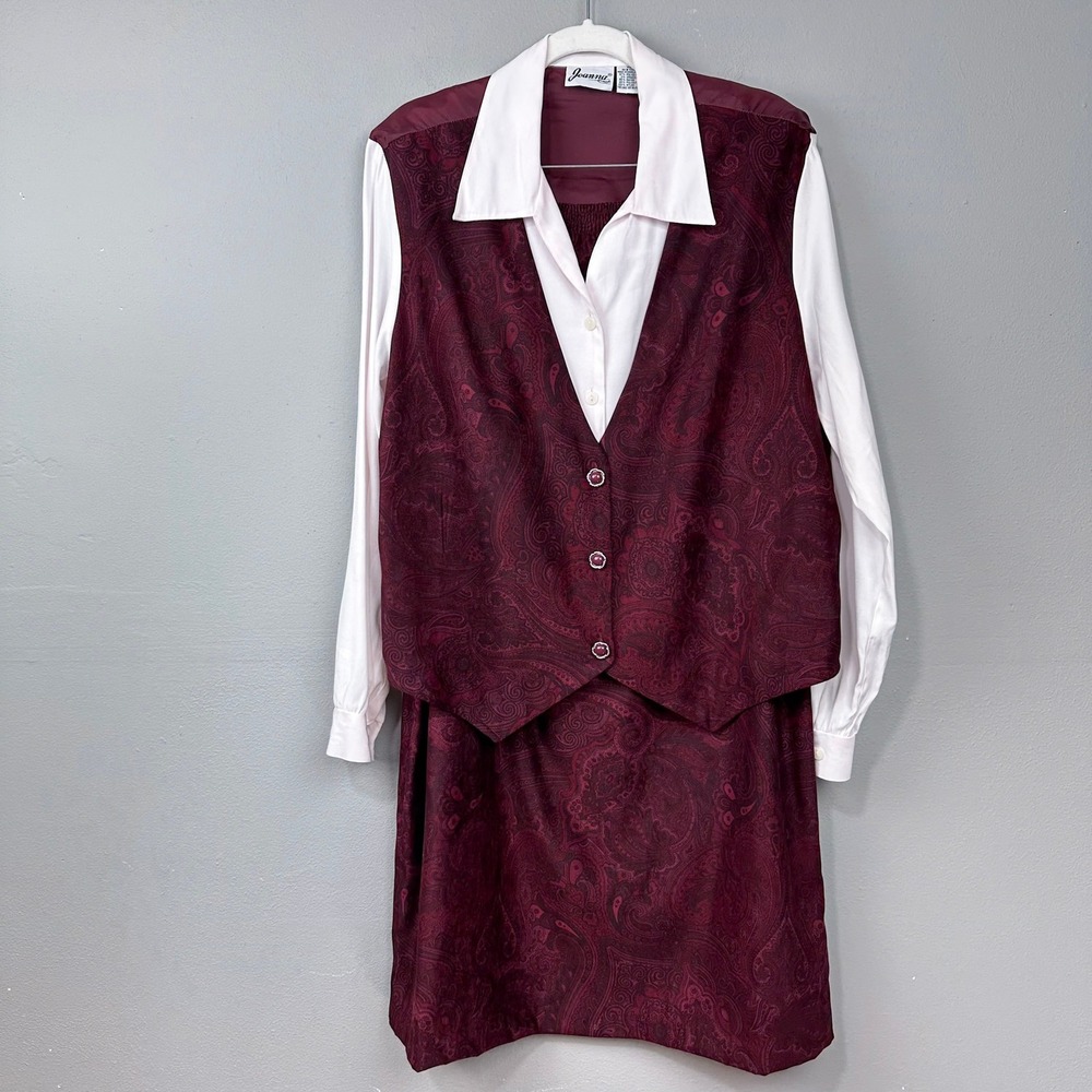 Joanna Skirt Set Women Size XL Burgundy Paisley Vest Blouse 2pc Vintage 80s 90s